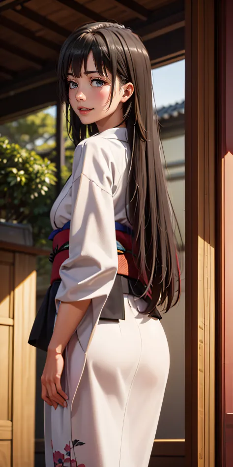 kimono, japanese_clothes, 1girl, floral_print, long_hair, solo, sash, looking_at_viewer, obi, black_hair, looking_back, outdoors...