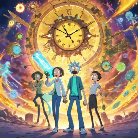 A digital artwork of Rick and Morty, showcasing their eccentric  personalities. They stand in an otherworldly landscape, with swirling  portals behind them. The background is filled with vibrant colors and  cosmic elements