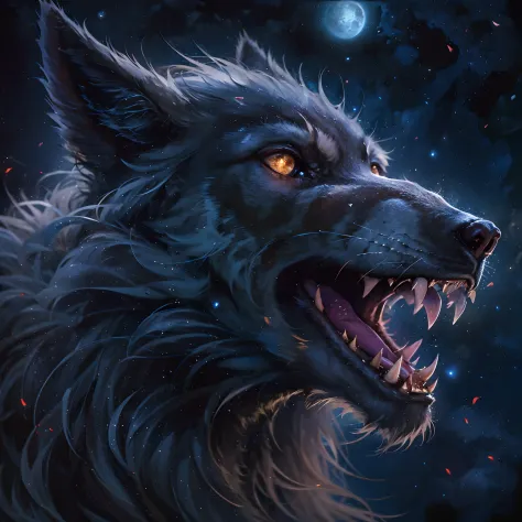 Werewolf Wolf, fierce, Rage, Eyes glow, ultrarealism, overdetalization, The texture of the wool is detailed, Cinematic, The righ...