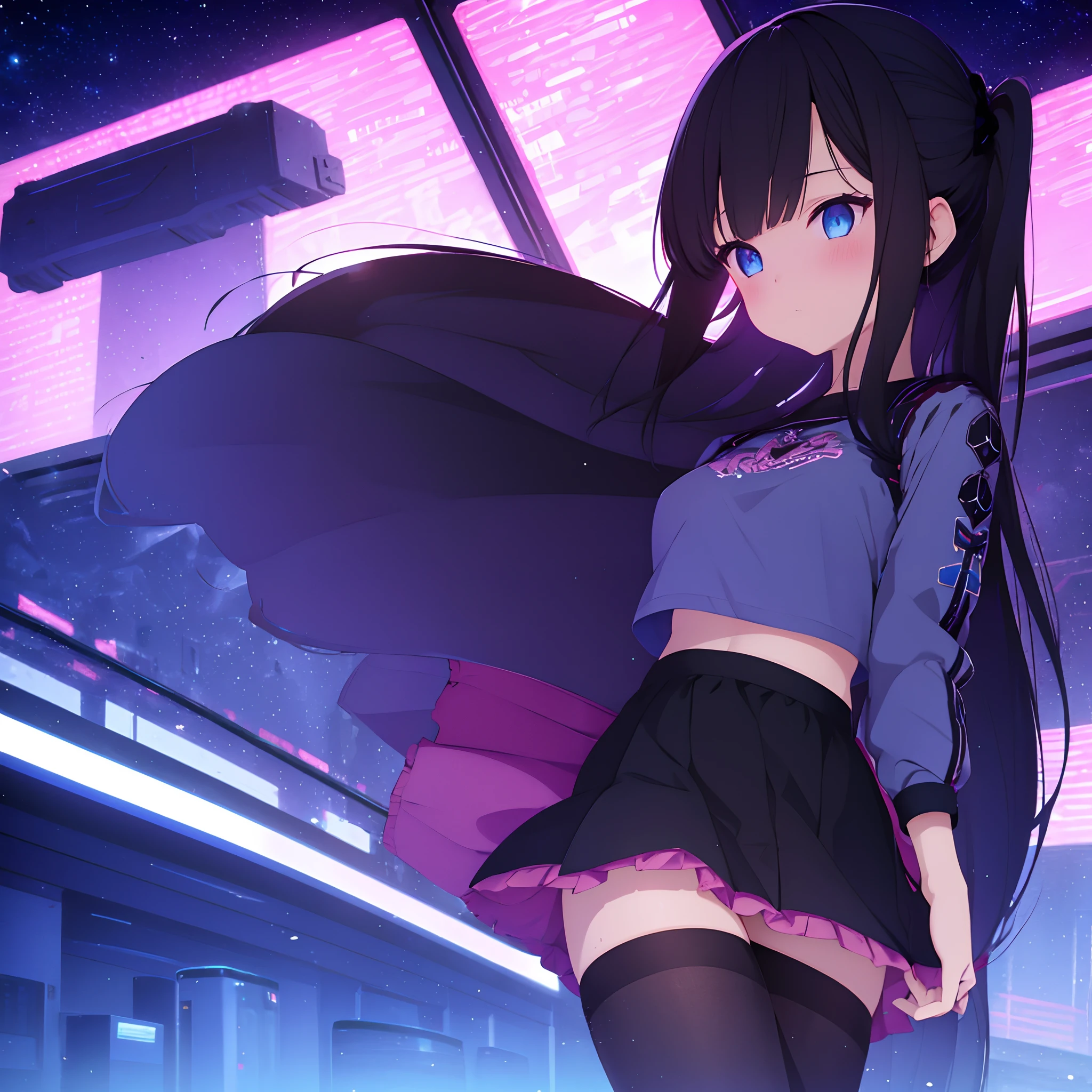 (1 girl), (black hair, pink fringes, long straight hair), ultra detailed blue starry eyes, blush, casual outfit, long skirt, (exposed legs), black glossy pantyhose, medium breasts, close-up