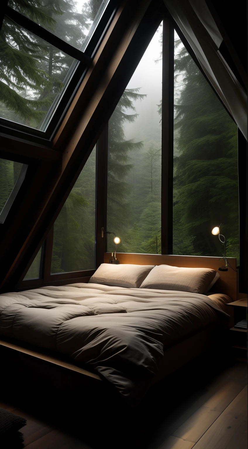 ベッドと森の景色が見える窓のあるアラフェッドのベッドルーム - SeaArt AI