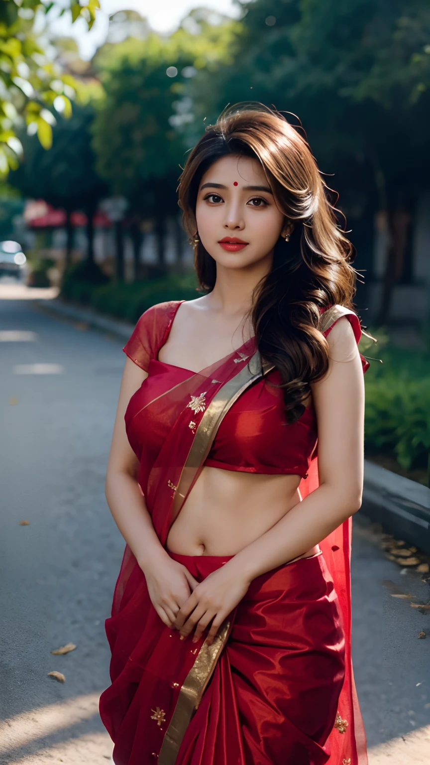 A woman in a red sari posing for a picture - SeaArt AI