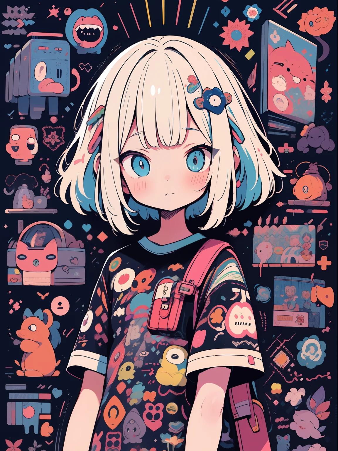 alta qualidade、Paleta de cores neon、High-level image quality、kawaii menina、Unprecedented number of draws、Estilo anime、Geometric pattern background、estilo de adesivo、short hair、cabelos escuros、olhos castanhos, Menhera, titles, roupas largas, Camiseta Baggy, self-harm, Guro, Escuro, deprimido, bolsas oculares, olhos pesados, olhos escuros, sangue, assustador, Eroguro, olheiras, Neon light, eye strain, falha, retro, assustador,