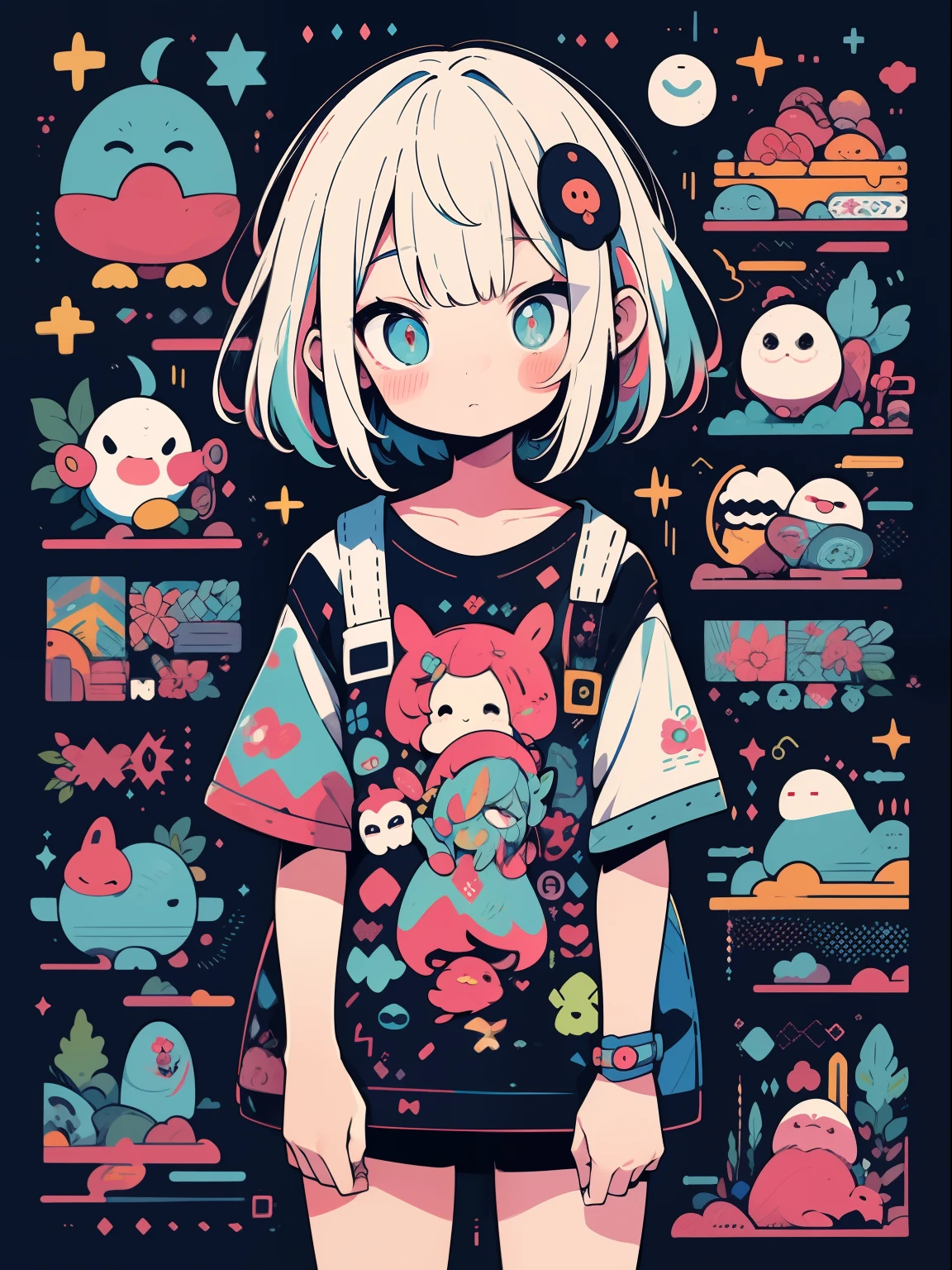 alta qualidade、Paleta de cores neon、High-level image quality、kawaii menina、Unprecedented number of draws、Estilo anime、Geometric pattern background、estilo de adesivo、short hair、cabelos escuros、olhos castanhos, Menhera, titles, roupas largas, Camiseta Baggy, self-harm, Guro, Escuro, deprimido, bolsas oculares, olhos pesados, olhos escuros, sangue, assustador, Eroguro, olheiras, Neon light, eye strain, falha, retro, assustador,