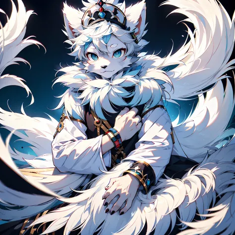 furry，shaggy，White fur，male people，canid，arctic fox，solo person，sharp talons，White fur， blue colored eyes，Fluffy tail，nakeness，ultra - detailed：1.0，Sleep in the bedroom