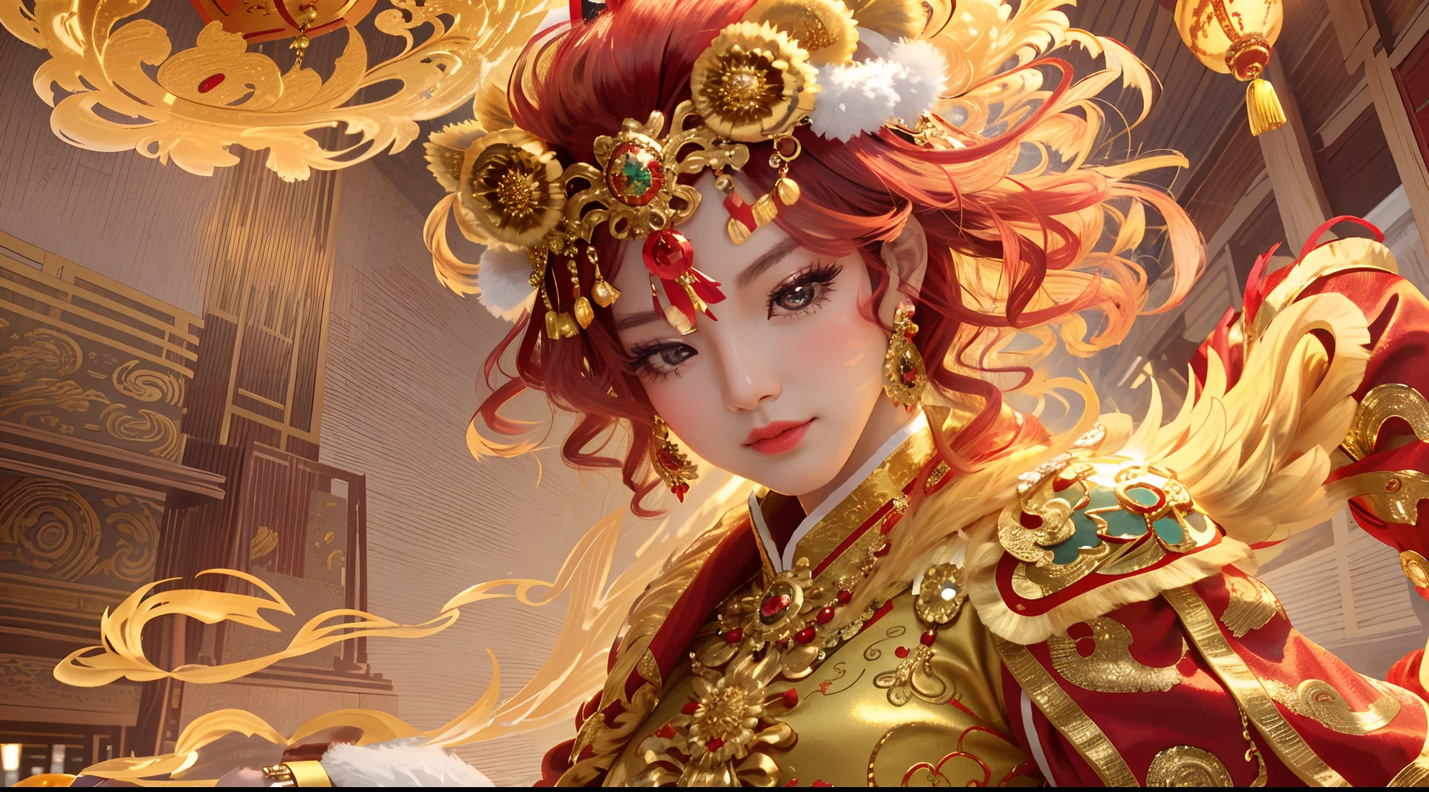 (Best picture quality, 4k,8k, high quality, masterpiece :1.2), super detail, (realistic, realistic, realistic :1.37), in the New Year festival, traditional lion dance performance, (a girl holding red gold thread hydrangea:1.3), a powerful lion dance, constantly blinking eyes and shaking head, girl and lion dance, lion head beautifully made, red jewel eyes, Blue jewel forehead decoration, ornate and luxurious lion head artwork, Chinese elements, traditional cultural background, traditional craftsmanship, exquisite handcrafting, opulent, majestic, sparkling gemstones, lifelike details, bright colors, shiny polished surfaces, decorative pieces, East Asian heritage, cultural heritage, antiques, bronze sculptures, symbols of power and strength, traditional lion dance, Eye-catching center, sophisticated design, authentic presentation, impressive craftsmanship.