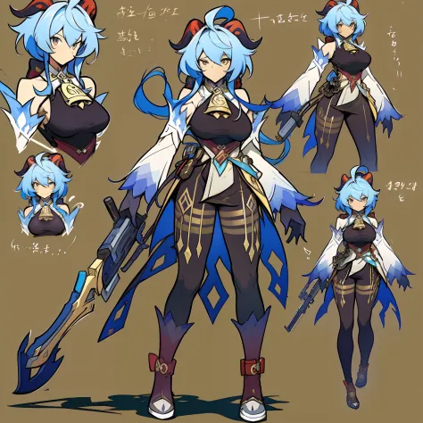 ganyu \(genshin impact\), Close-up of a young woman holding a big bow, ((Character concept art)), ((Character design sheet, Same character..., Front, side, back)) Maple Story Character Art, Video Game Character Design, Video Game Character Design, Maple Gi...