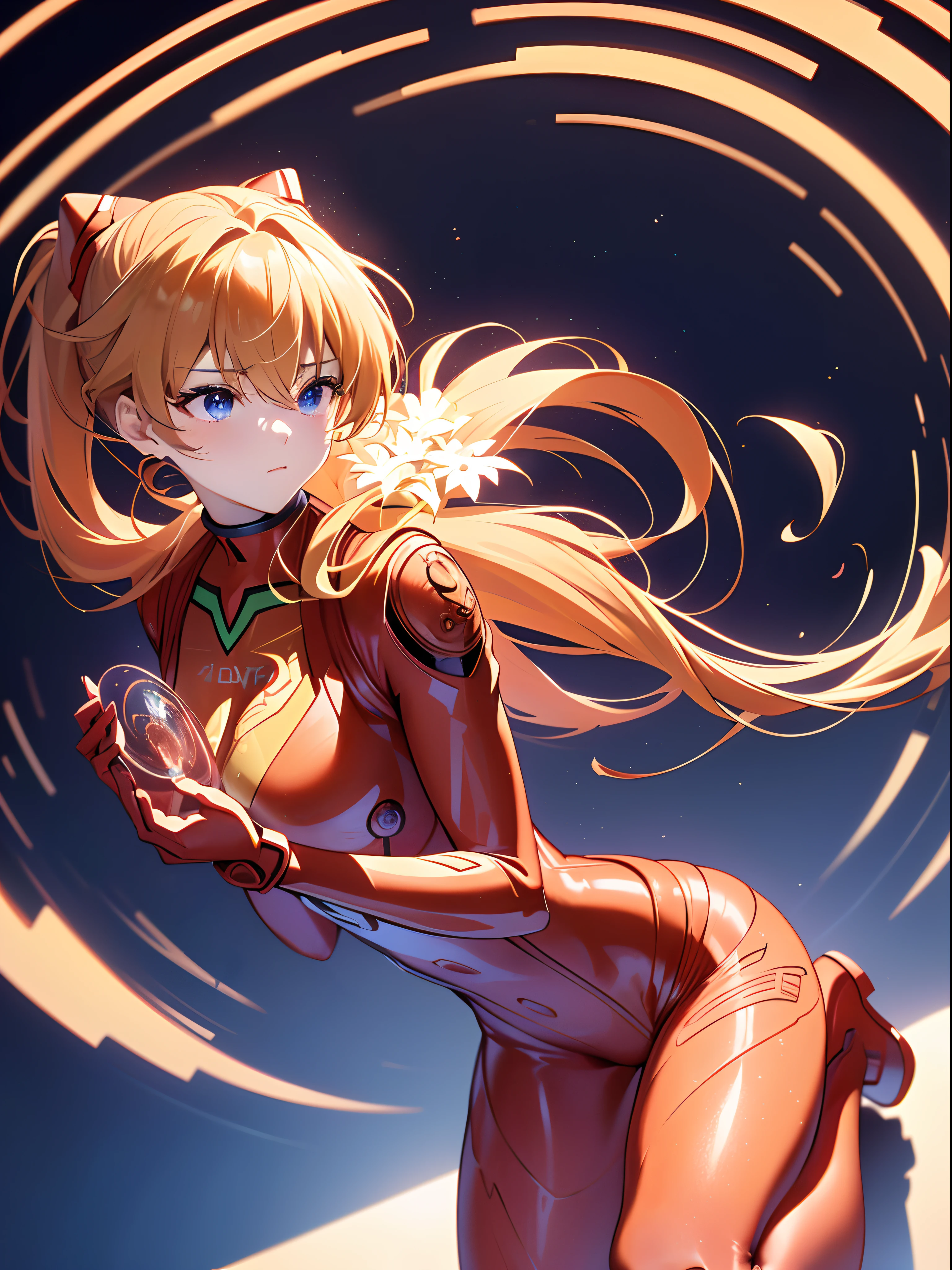 ((souryuu asuka langley,bodysuit,red plugsuit1.2,Blonde,long ponytail)),(Glowing eyes:1.233), diffuse reflection, high-profile, majestic,(frown,Tsundere,a very blushing face,adorable face,bishoujo,kawaii,)(Beautiful and detailed eyes:1.3),1girl,Solo,(Masterpiece,Best quality, offcial art,Target the audience, Beautiful and aesthetic:1.2),(超高分辨率,Golden ratio), (4K), (looking from above),((flower bouquet,))kneeling,Floating, (photo maping, Physically-based rendering,automatic white balance),Amazing,Sharp focus,(((holographic projector))), (((high detailed skin,)))Dynamic lighting,Intricately detailed clothing,Watery eyes,(masterpiece sidelighting),(busty,a beauty girl,The sheen),[[Delicate fingers and hands:0.55]::0.85],(Detail fingers),((((BREAK,Design an image with a fisheye lens effect, capturing a wide field of view with a distinctive, curved perspective.BREAK,)))Superior photographic quality,((extremely_Detailed_Eyes_and_face)),(Disheveled hair),Movie girl,