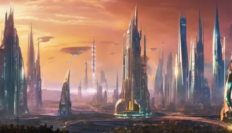 The metropolis of the future, many kilometers of spires rushing upwards;.