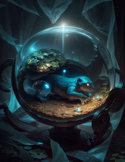 A detailed and intriguing scene showcasing a creature encapsulated within a transparent glass orb