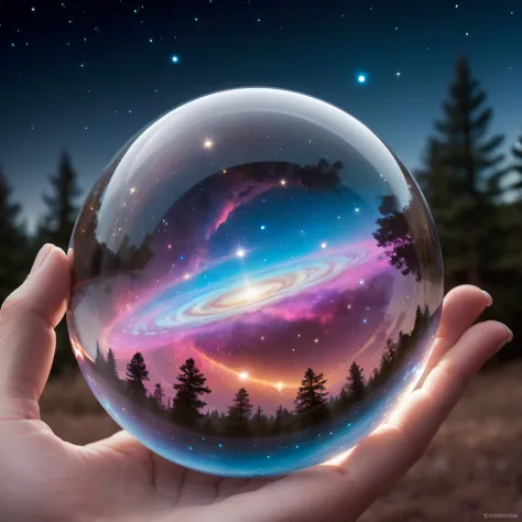 A mesmerizing scene capturing the vastness of space, studded with twinkling stars, swirling galaxies, and vibrant nebulas, all encapsulated within a transparent glass orb