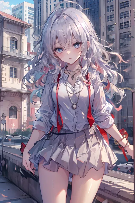 best quality,masterpiece,1girl,silver hair,disheveled hair,curly_hair,shirt,skirt,kawaisou,JK,red_bow,watchi,necklace,cityscape,8k raw photo,ultra high res,highest detailed,intricate,8k,HDR,