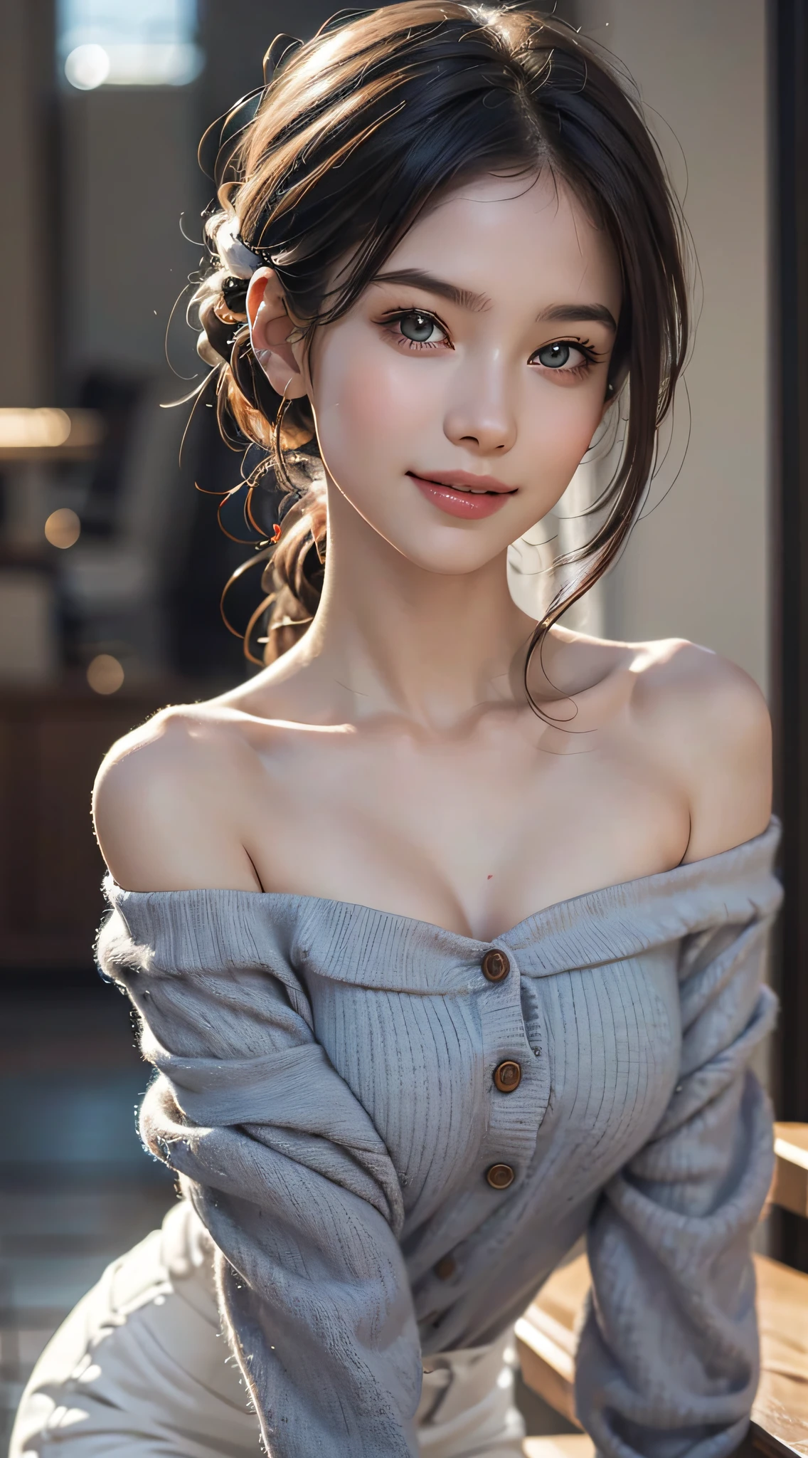 1young girl, very beautiful, very clean, beautiful face, beautiful eyes, smiling, ((Off-shoulder with very loose chest:1.2)), beautiful large breasts, Bare Shoulders, no bra, miniskirt, upper body, (best quality:1.4), 8k resolution, ultra high res, (photorealistic, high resolution:1.4), Raw photo, (realistic, photo-realistic:1.37), professional photography, cinematic light, (fine face: 1.2),