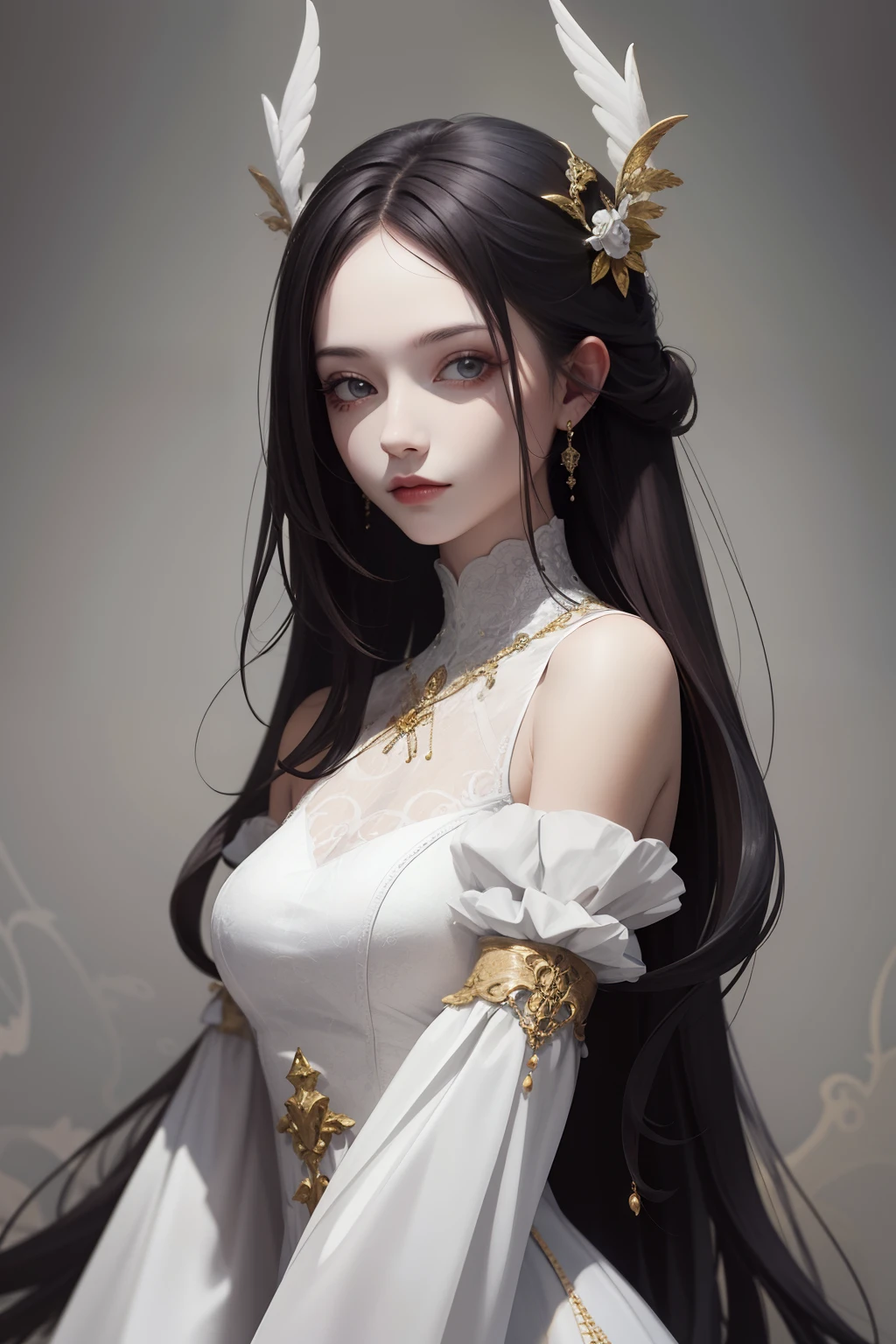 (absurderes, A high resolution, Ultra detailed), 1girll, Solo, mature, baroque, Long dress, longer sleeves, elegant, Colorful, highest details, Upper body, masterpiec, Majestic, Calm face, The head is slightly tilted, Colorful eyes, Long hair