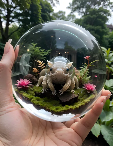 A detailed and intriguing scene showcasing a creature encapsulated within a transparent glass orb