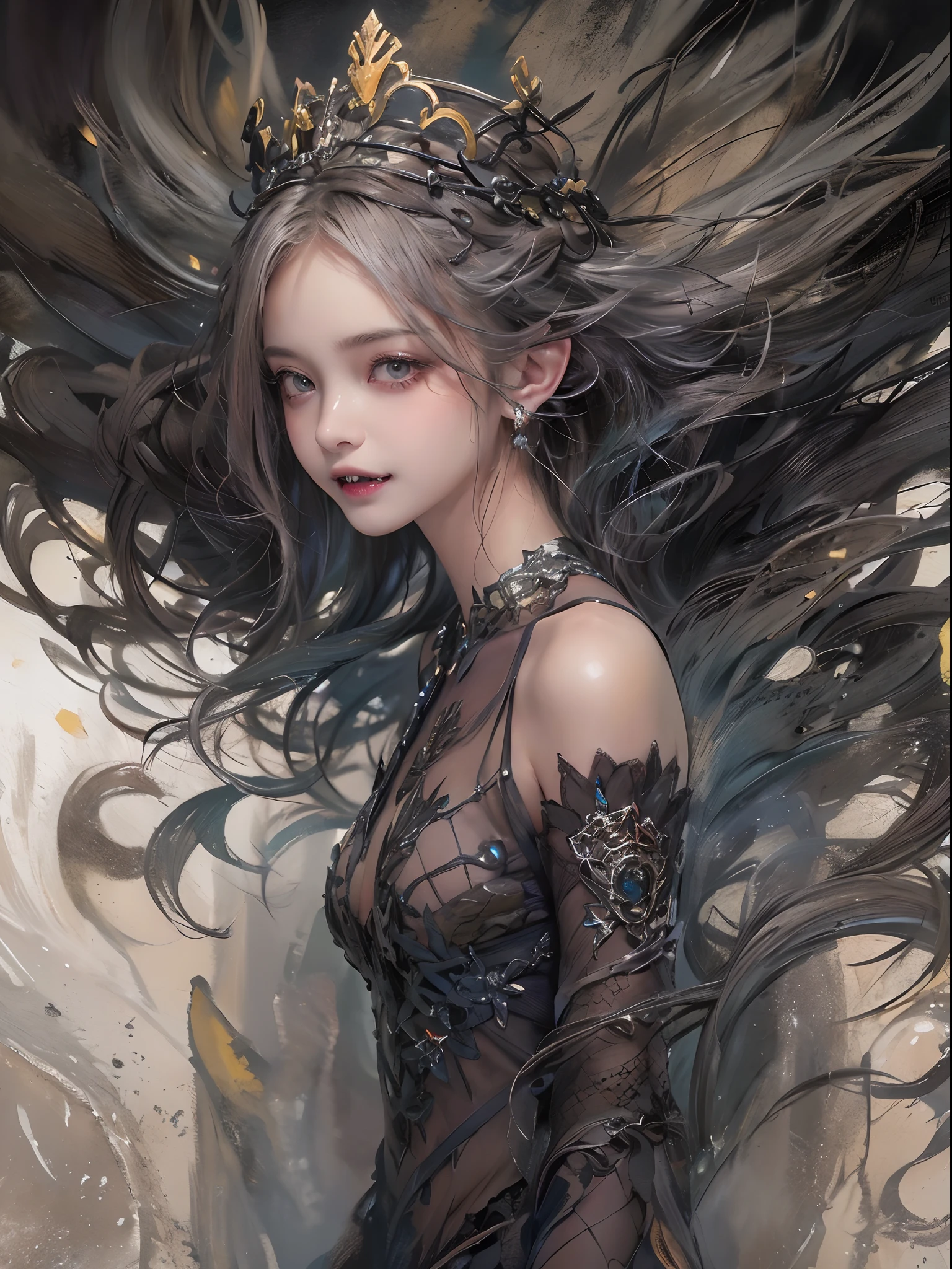 (watercolor:1.2),(incredible detail, textures and maximum detail),(dark color concept:2.0), dolly girl, a girl like doll with angel wings, archangel, angel ring, elf ear with many earings, facing the front, nearly naked, thin body, skinny, small breasts, tiny , princess crown, dragon horn, looking up at camera, (no hands),(Highest quality authentic textured skin),(Faint sunshine),(catch light:1.5),(abyssal),(Fine, Round, Symmetrical eyes),Delicate facial features,(Burning bright and cold eyes), very slim and thin body, naked, nude, (She has a sadly smile on her face),(Her face is gentle and beautiful),Glass earrings on the ears,,(Blonde hair),(silvery white hair),(Dramatic photo:1.4),(dramatic pose),(flamboyant photo), upturned eyes, upward glance, A messy painting，(Hair flows in air:2.0),(Vortices and tidal currents in the background),(Dramaticlight),(Magnificent scene),(Surrounded by beautiful feathers),Epic realism,Cinematic feeling,(high-density imaging review:1.5),Ultra detailed,Dramaticlight,(intricately details:1.1), complex background, sparkle background, fractal background,(mighty fangs:1.5),naked,nude,