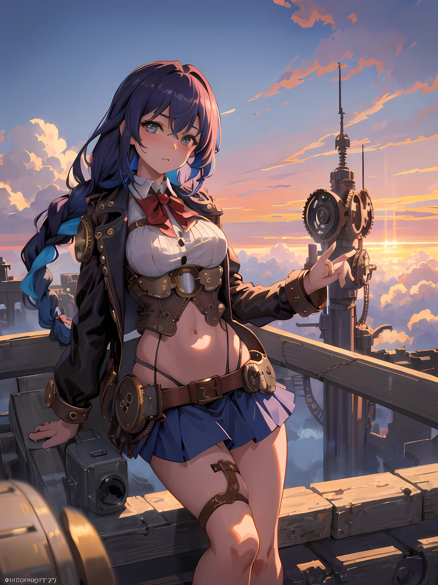 (best quality, masterpiece), official art, illustration, ligne claire, highres, absurdres, ultra-detailed, 8k, (in the air), (above the cloud:1.3), 1girl, blue and violett hair, long hair, braids, steampunk, gears, skirt, colorful steampunk outfit, cutout above navel, see-through clothing, (steampunk city background), cloudy sky, sexy, tight, shadow, reflection, lightred Meteor, half the sky is Milky Way, motion