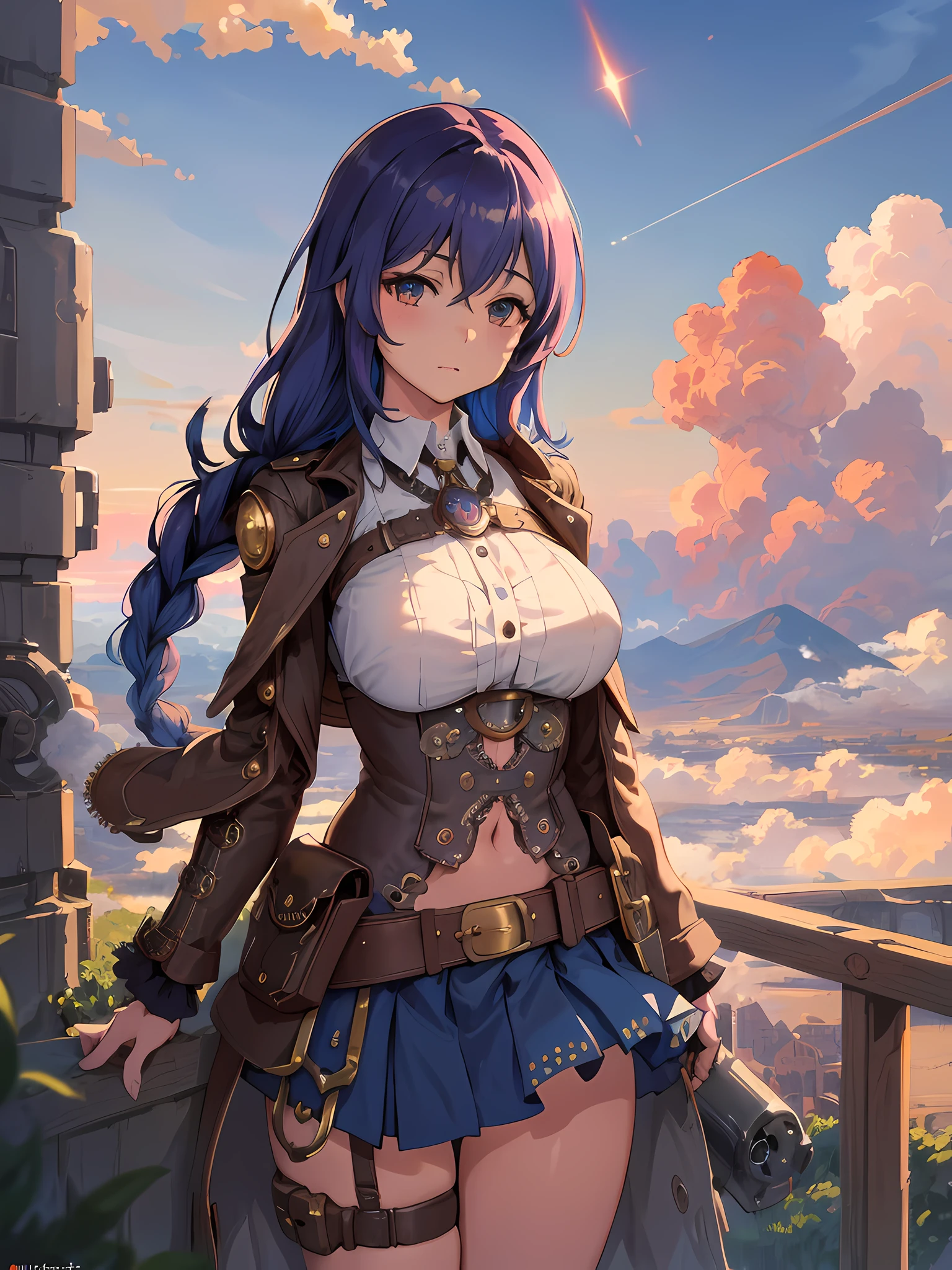 (best quality, masterpiece), official art, illustration, ligne claire, highres, absurdres, ultra-detailed, 8k, (in the air), (above the cloud:1.3), 1girl, blue and violett hair, long hair, braids, steampunk, gears, skirt, colorful steampunk outfit, cutout above navel, see-through clothing, (steampunk city background), cloudy sky, sexy, tight, shadow, reflection, lightred Meteor, half the sky is Milky Way, motion