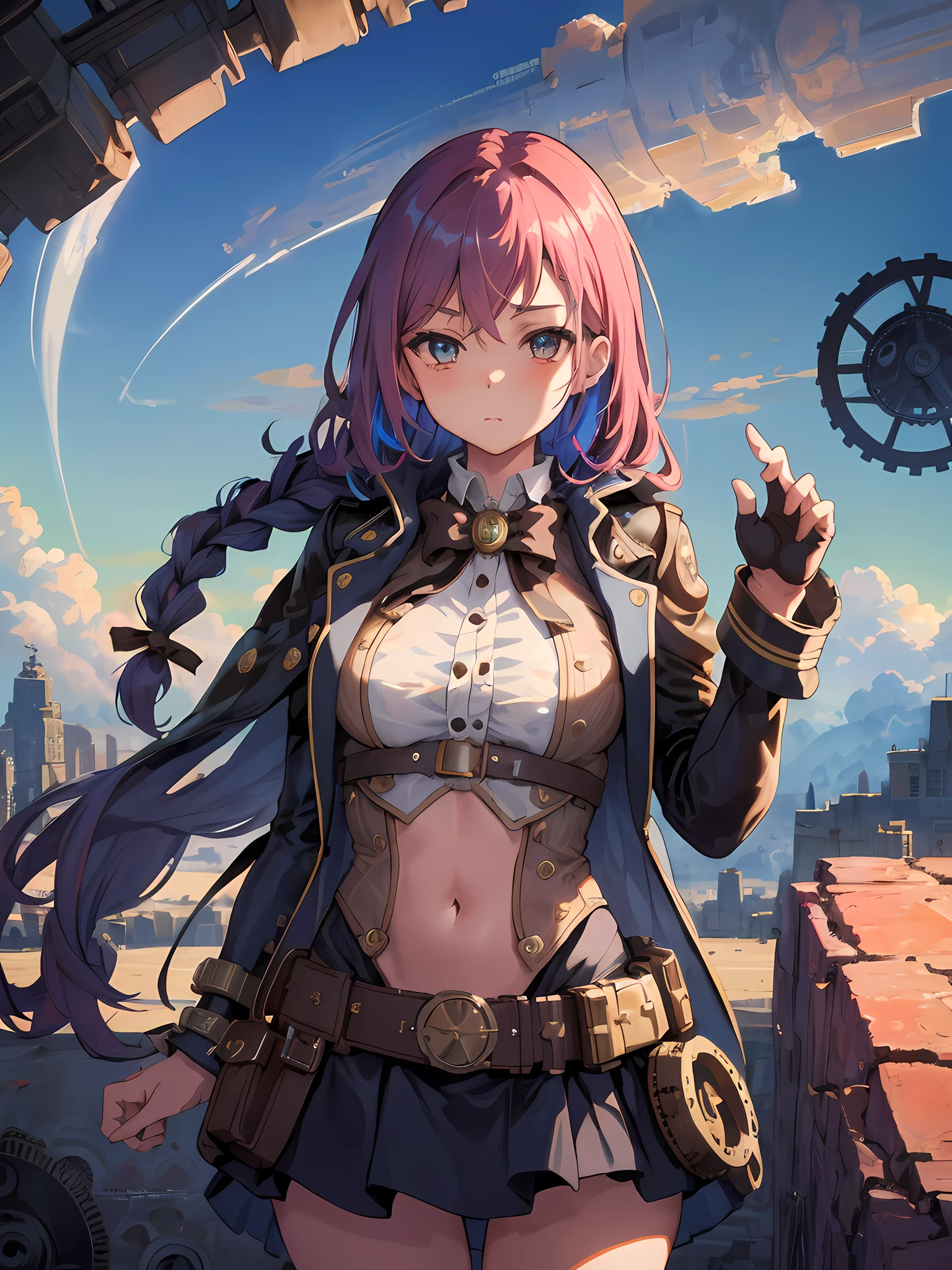 (best quality, masterpiece), official art, illustration, ligne claire, highres, absurdres, ultra-detailed, 8k, (in the air), (above the cloud:1.3), 1girl, blue and violett hair, long hair, braids, steampunk, gears, skirt, colorful steampunk outfit, cutout above navel, see-through clothing, (steampunk city background), cloudy sky, sexy, tight, shadow, reflection, lightred Meteor, half the sky is Milky Way, motion