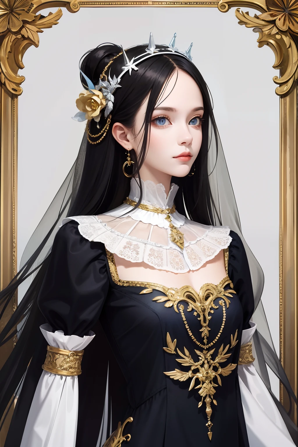 (absurderes, A high resolution, Ultra detailed), 1girll, Solo, mature, baroque, Long dress, longer sleeves, elegant, Colorful, highest details, Upper body, masterpiec, Majestic, Calm face, The head is slightly tilted, Colorful eyes, Long hair