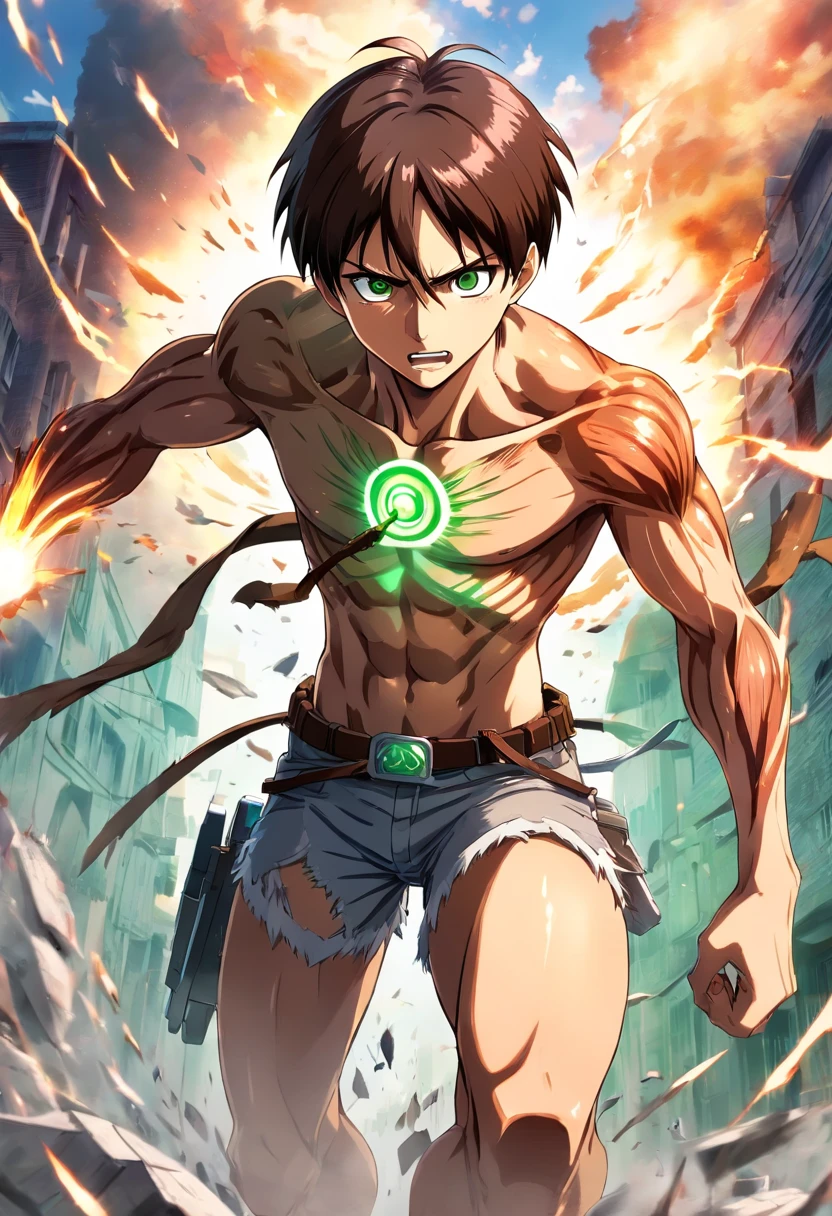 A man with green eyes and a muscular body running through a city - SeaArt AI