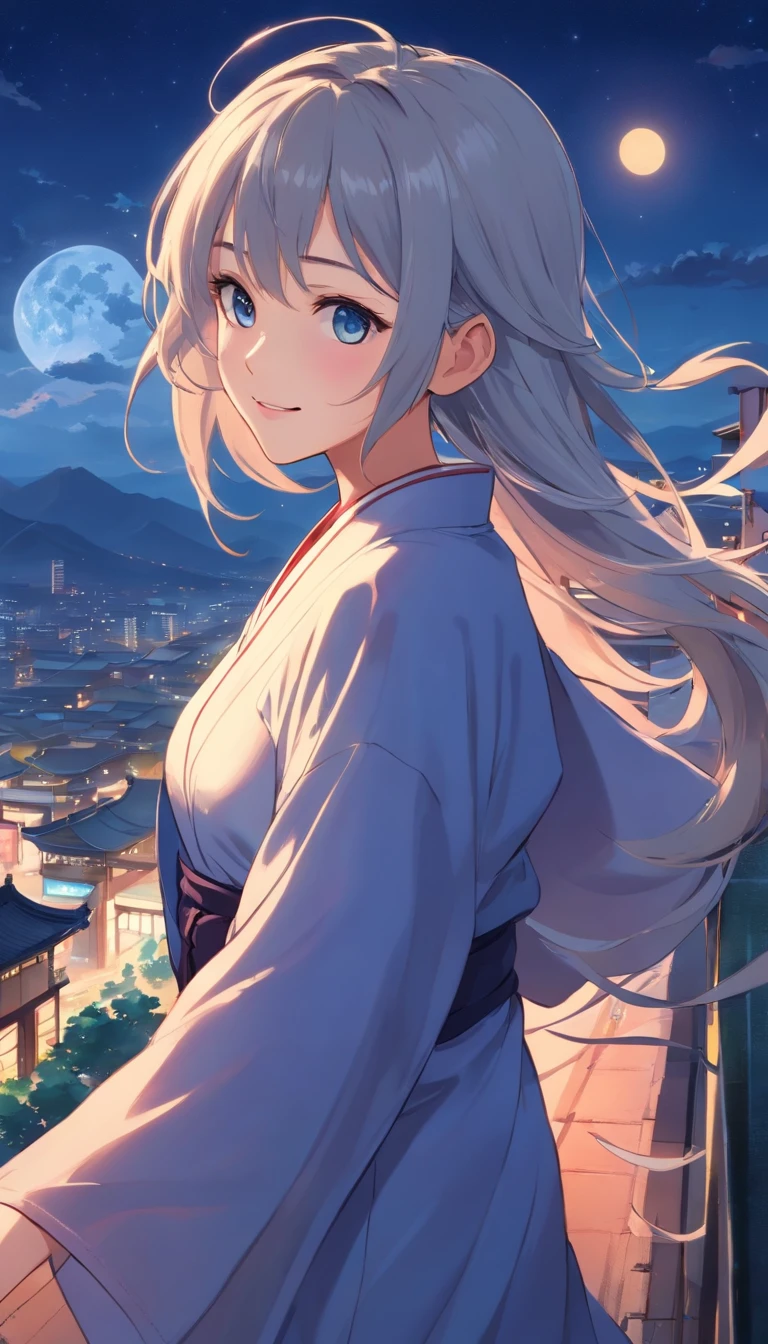 Best quality at best，tmasterpiece，The is very detailed，Face details，8k, detailed back ground，1girll，solo，Silver hair，eBlue eyes，，long whitr hair，wavey hair，voluminous hair，，，Blushlush，ssmile，Shawl，Chinese city，Chinese service，the night，themoon，scenecy，high place，horizon，wind，wind blown，flowerbed，looking at viewert