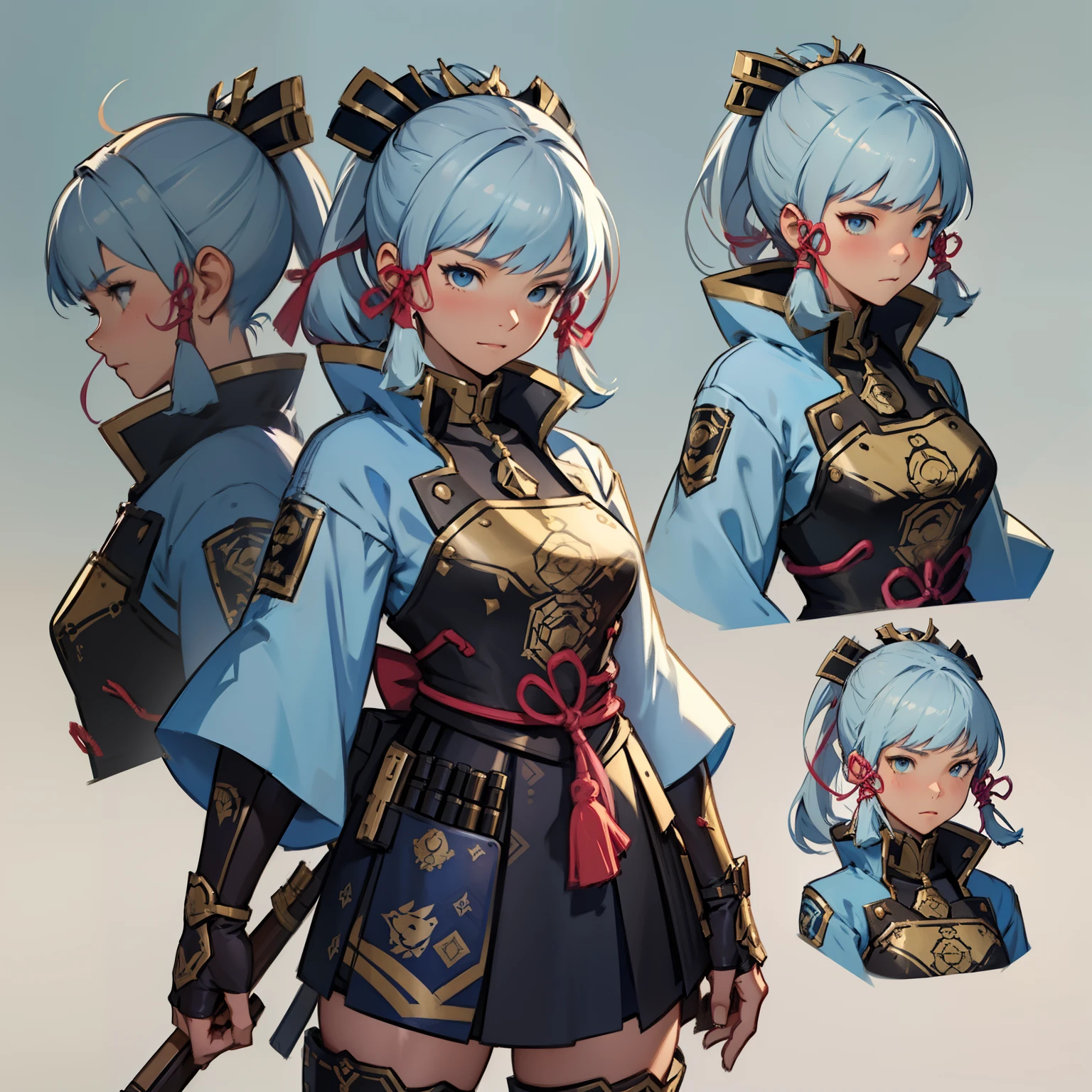 kamisato_ayaka, Close-up of a young woman holding a big bow, ((Character concept art)), ((Character design sheet, Same character..., Front, side, back)) Maple Story Character Art, Video Game Character Design, Video Game Character Design, Maple Girl Gun Story, Highly detailed concept art from experts