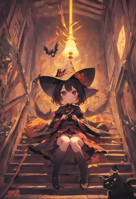 cinematic, cute witch girl, full body, a big witch hat, a black cat sitting behind her feet , Holding with the broom her left hand ,camellia,,smile,illustration,paper art,3D render