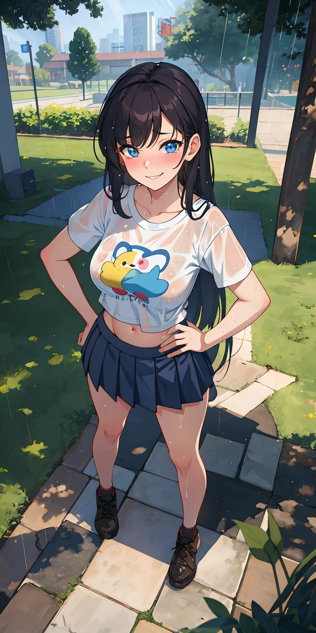 Anime girl in a skirt and t - shirt standing on a sidewalk - SeaArt AI