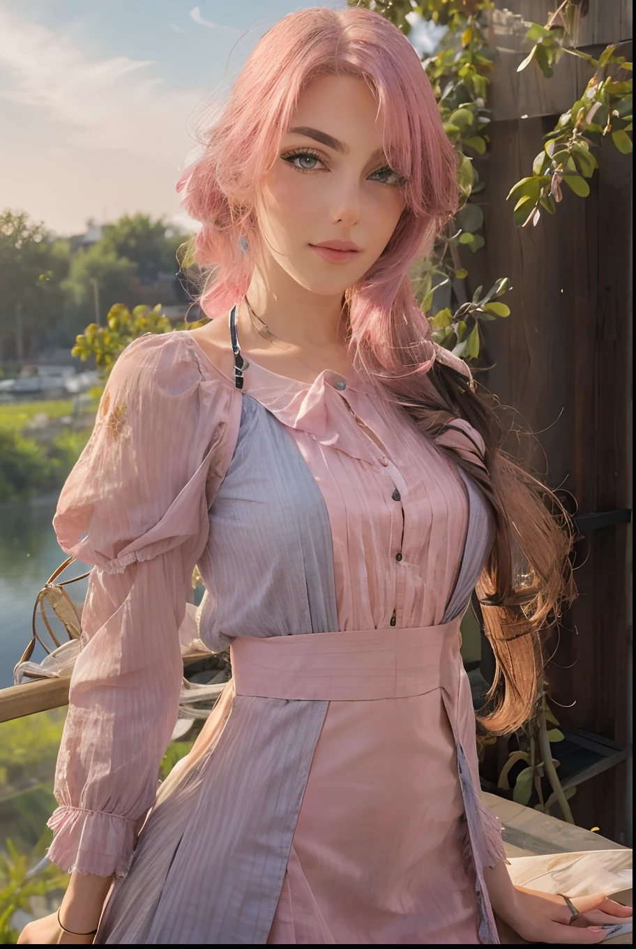 Mädchen mit langen rosa Haaren und in einem blauen Kleid, Süße Waifu in einem wunderschönen Kleid, Lulua-Werkstatt, Visuelles Bild eines süßen Mädchens, Detailliertes Porträt eines Mädchens, Hübsches Mädchen, hochdetailliertes, exquisites Fanart, sauber, Detailkunst, Süßes Mädchen, Porträt eines Mädchens