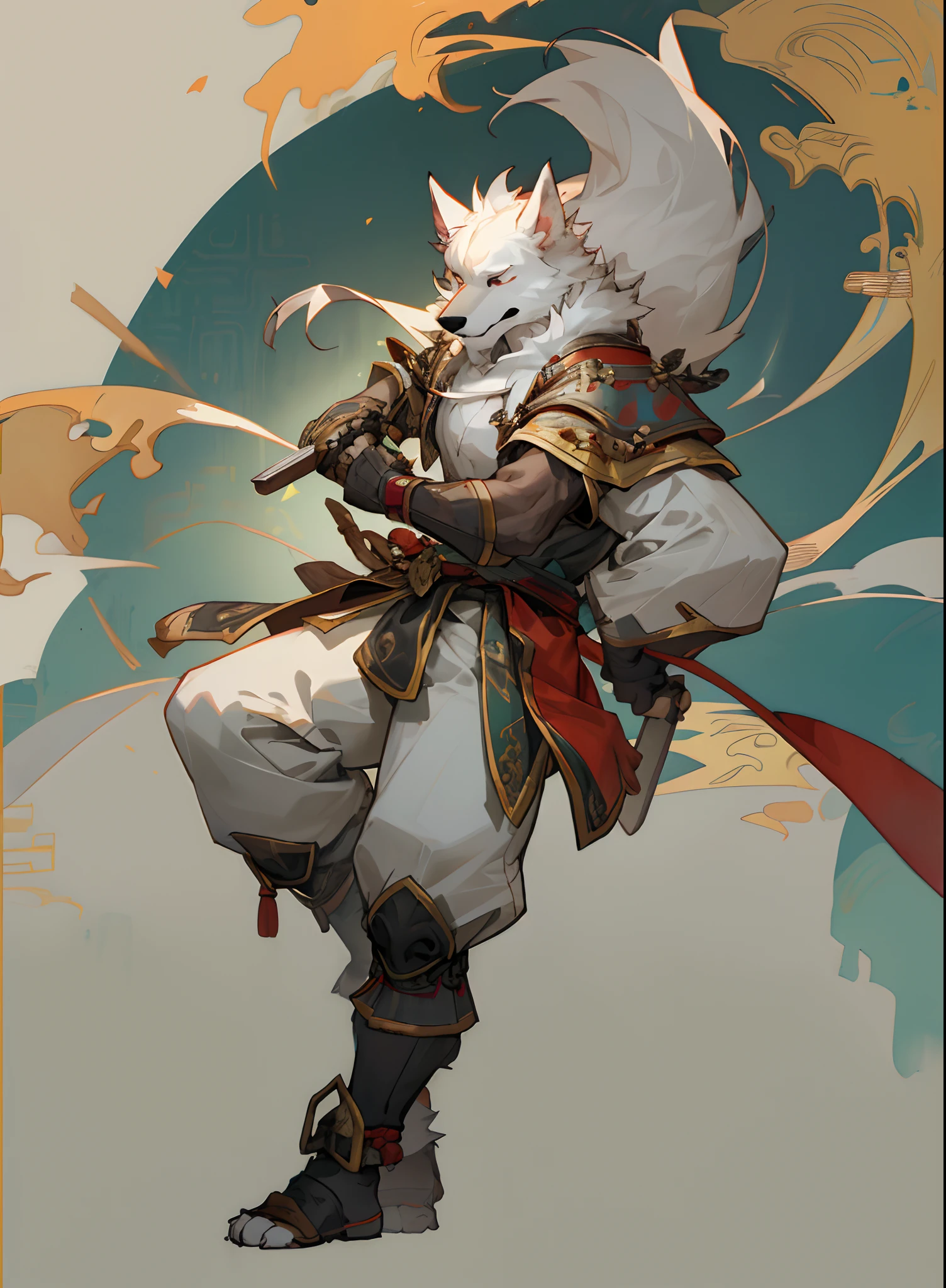 Men have dog faces， doggy， White fur，Erect ears， serious expressions， with short white hair， full bodyesbian， Wear Chinese armor， skin detailed， furry art， hairy chest， Furry character， hairy bodies，furry neck，holding a large sword，standing on your feet，solo person，battleground background