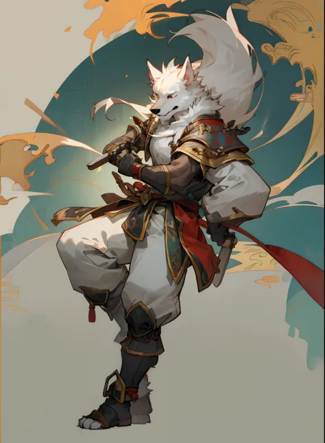 Men have dog faces， doggy， White fur，Erect ears， serious expressions， with short white hair， full bodyesbian， Wear Chinese armor...