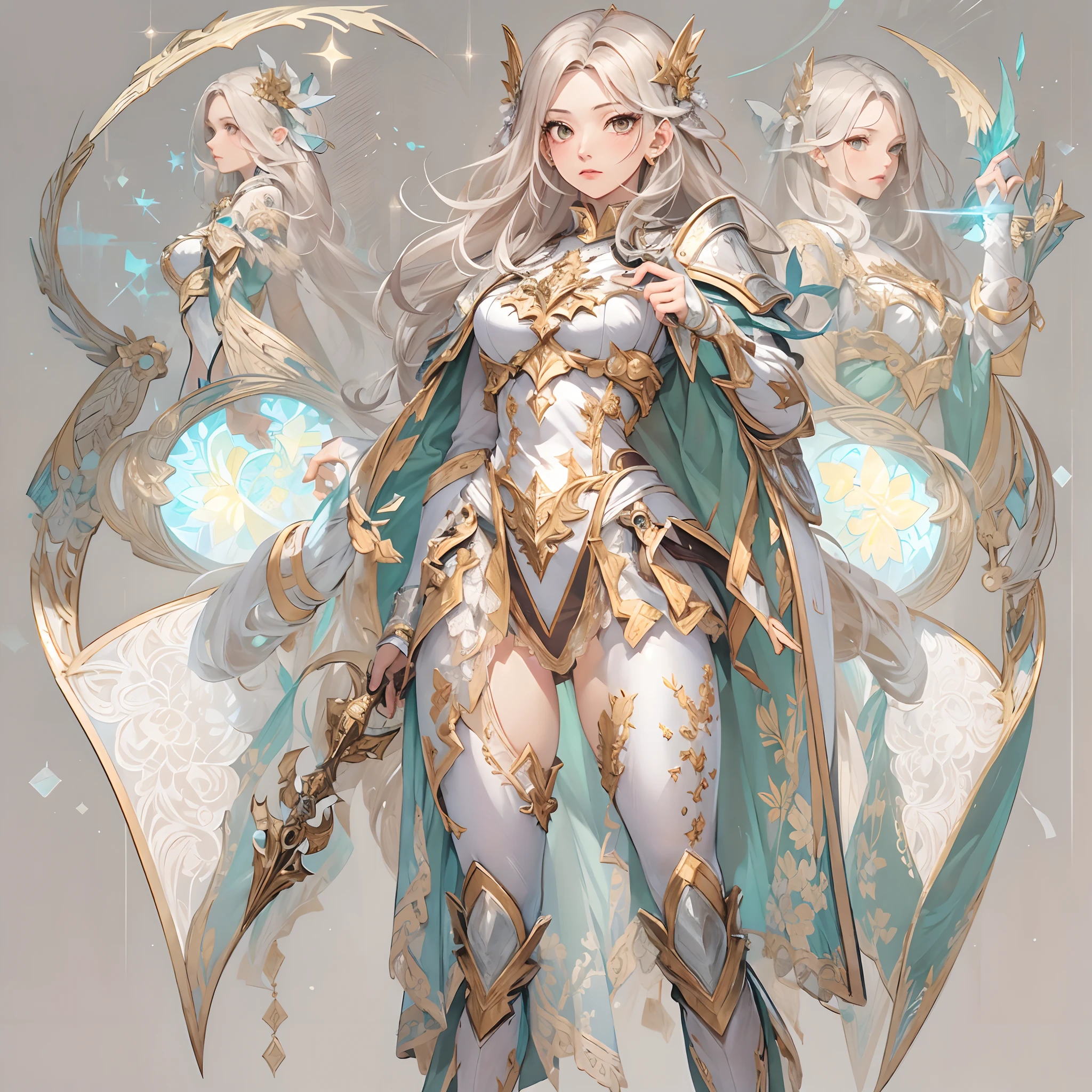 ((Masterpiece, Highest quality)), Detailed face, CharacterDesignSheet， full bodyesbian, Full of details, Multiple poses and expressions, Highly detailed, Depth, Many parts，Beautiful paladin girl，Holding a shield，Extremely beautiful，Irridescent color，holy rays，High Balance, Natural light, Lace，lacepantyhose，starrysky，Star decoration