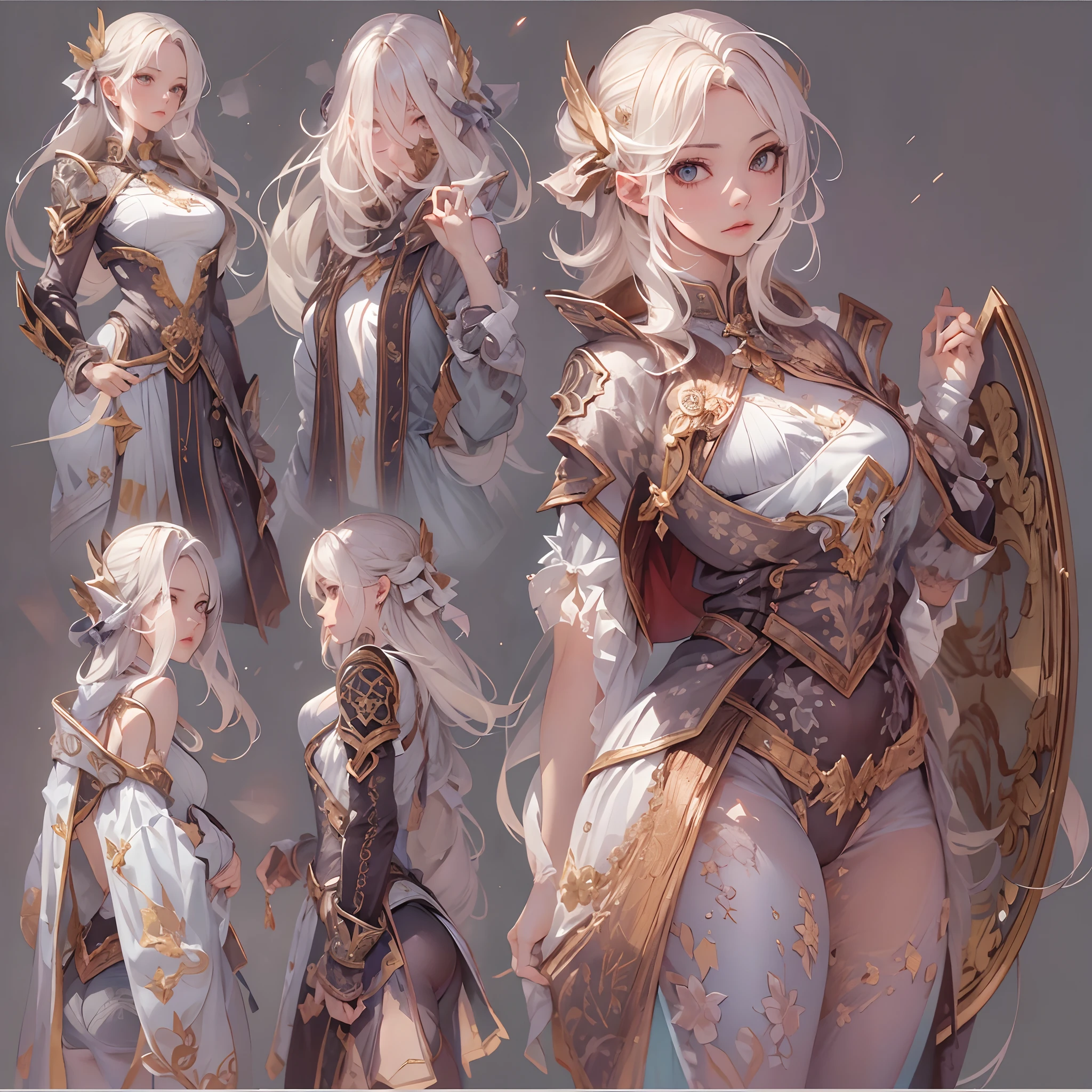 ((Masterpiece, Highest quality)), Detailed face, CharacterDesignSheet， full bodyesbian, Full of details, Multiple poses and expressions, Highly detailed, Depth, Many parts，Beautiful paladin girl，Holding a shield，Extremely beautiful，Irridescent color，High Balance, Natural light, Lace，lacepantyhose，starrysky，Star decoration