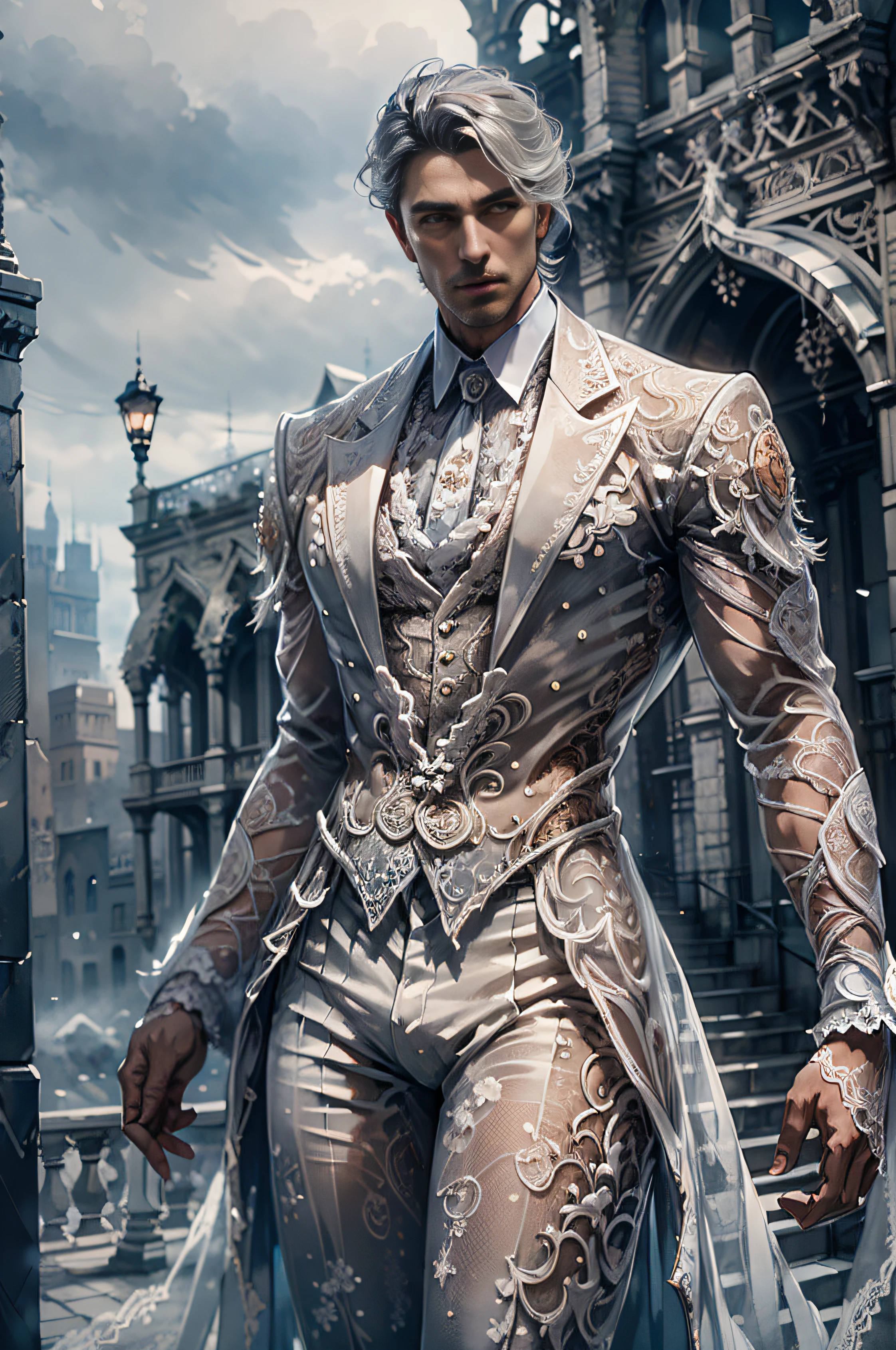LAC34RMOR,，Wearing (White lace coat), See-through, Dynamic pose, fantasy city background, street, Pants, shirt, Realistic, Masterpiece, Intricate details, Detailed background, Depth of field, photo of a man,（（（The crotch is raised）））