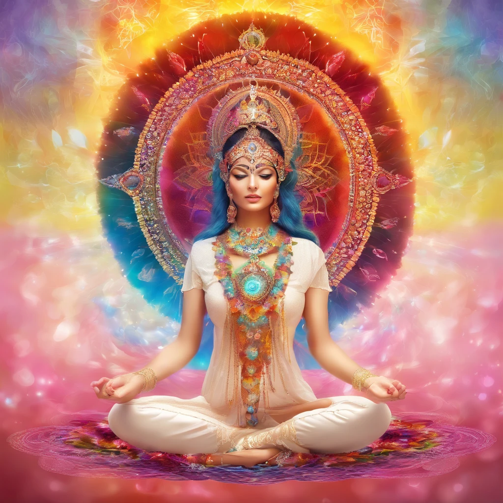 Yoga position light spectrum with the seven chakras around, vibrante colorsa colorslashh An explosion of colors, Beautiful woman in white sitting on water lilies, complex stuff around, intricate in the background, Spiritual, divine, dreamlike, cosmic, mind blowing, god, pineal gland, dream like, (extremely detailed CG unity 16k wallpaper:1.1), (Denoising strength: 1.45), (tmasterpiece:1.37), hyper realistic, god rays, ray tracing, UHD, award winning