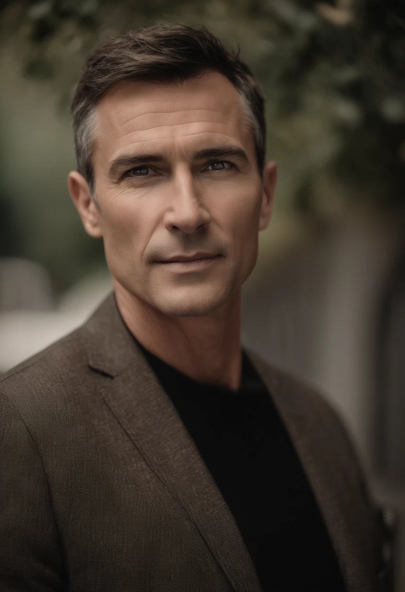 Cinematic portrait , a handsome man, Tall and fit, (50 years old:1.1), (shaven:1.2), (short brown hair :1.5),(very short hair:1.6). black tight suit, white shirt . Minimalistic background, clean composition, strong details, Muted Colours, Hasselblad, style raw