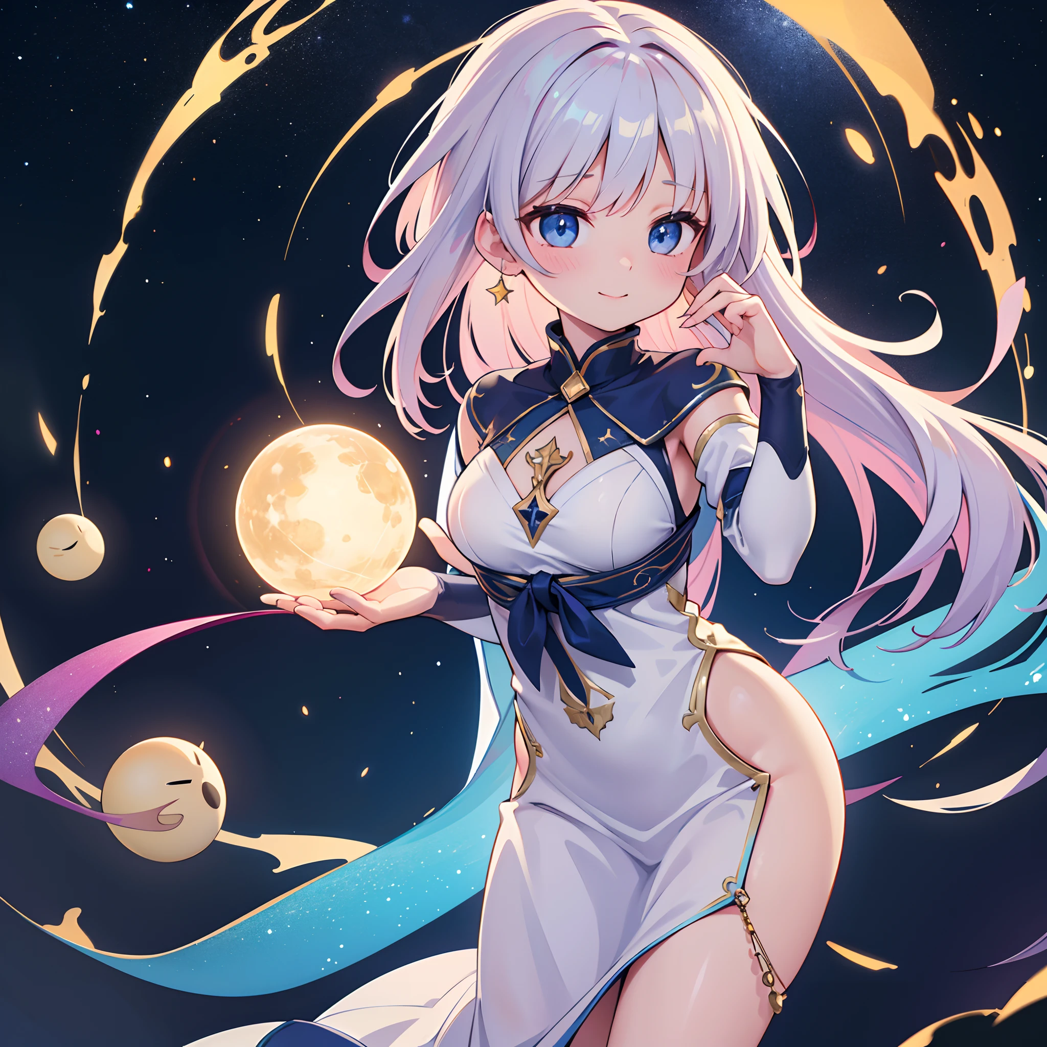 space, orbs, cute, female, (best quality,4k,8k,highres,masterpiece:1.2),ultra-detailed,(realistic,photorealistic,photo-realistic:1.37), glowing lights, ethereal, vibrant colors, mystical atmosphere, starry sky, magical planets, delicate features, dreamy eyes, rosy cheeks, elegant pose, flowing gown, floating in zero gravity, gentle smile.