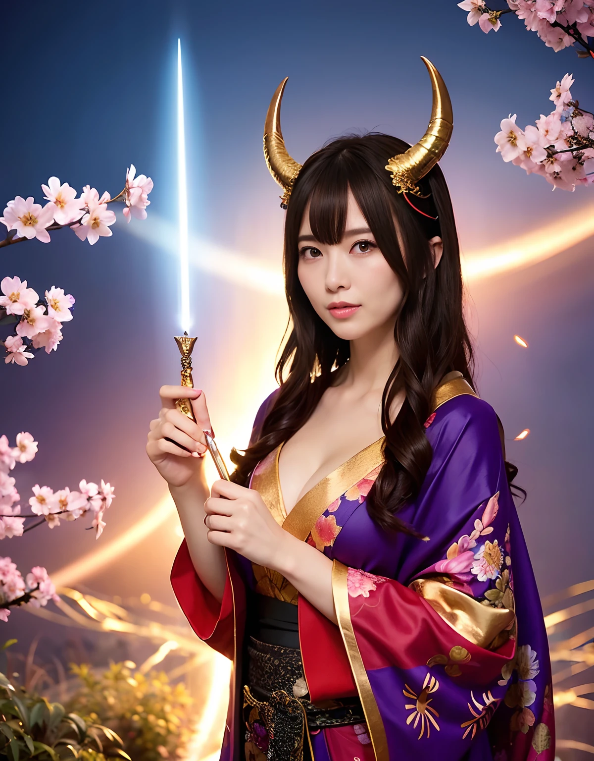 ((World of Darkness)),Professional , ​masterpiece、top-quality、photos realistic , depth of fields 、（sexypose）、(Background of cherry blossoms in full bloom),（Ultimate Beauty）、A dark-haired、（)、（Kimono with beautiful pattern）、（Night background）、（（））,(Wear a beautiful kimono),（Wear a beautiful kimono with colorful floral patterns）、Jewel Gold Weapon、Particles of light),(Wearing a wizard's hat）、Gorgeous gold weapons ,Skeleton population、（（ Gorgeous Dragon Sword）） , （a dark night）,,（maikurobikini） 、（（Black Haired Beautiful Girl））、（Castle background）、（demonic wings）、（（Gangle's forest background））、Beautiful Caucasian beauty、１a person、dynamic ungle,(((Two devil's horns on the head)))、Smaller head、Idle Smile、Thin and beautiful female handystical expression、Light Effects、intense fighting、Wind-effect、magic circles、With the legendary magic wand、Dragon's tail、
