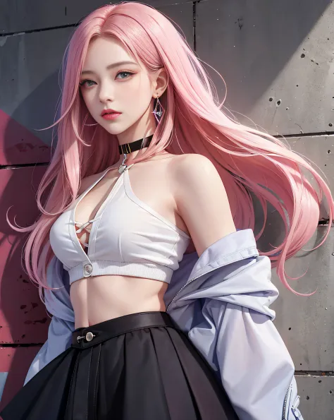 (masterpiece, best quality, 1girl, solo, intricate details, chromatic aberration), realistic, ((medium breath)),long hair, pink hair, red head ornament, pink highlights, hair over one eye,purple eyes, earrings, sharp eyes, choker, neon shirt, open jacket, ...
