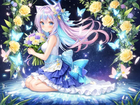 Sapphire masterpiece. 🦋 manga illustration. beautiful nekomimi lady holding bouquet of colorful flowers. I love you master, scen...