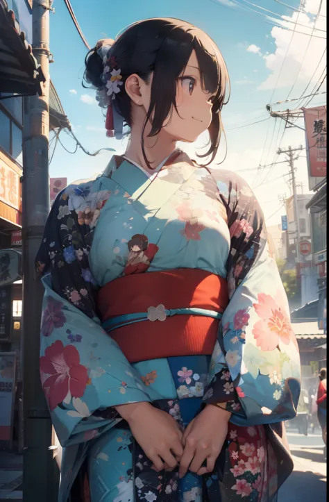 ultra-quality, ultla highres, Hyper Detailed, High contrast, superfine illustration, creative refinement, japanese kimono, Light blue Japan kimono, ssmile, Bright park with street trees