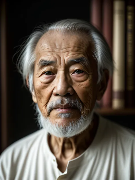 hyper-resolution, ultra photo realsisim, cinema shot, vignette, portrait of an 80-year-old asian man，look at the viewer，an elder...