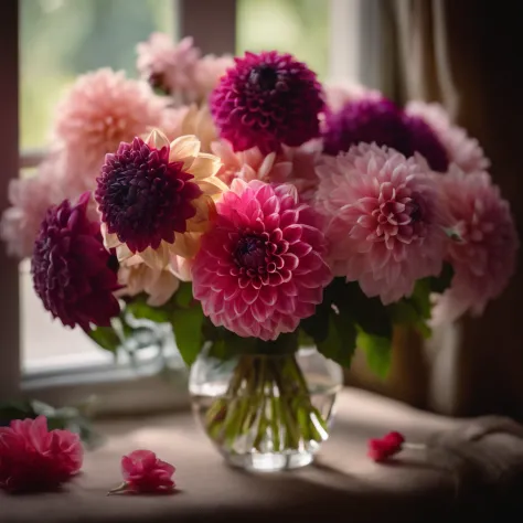 large stunning bouquet, dahlias, pink and purple, still life