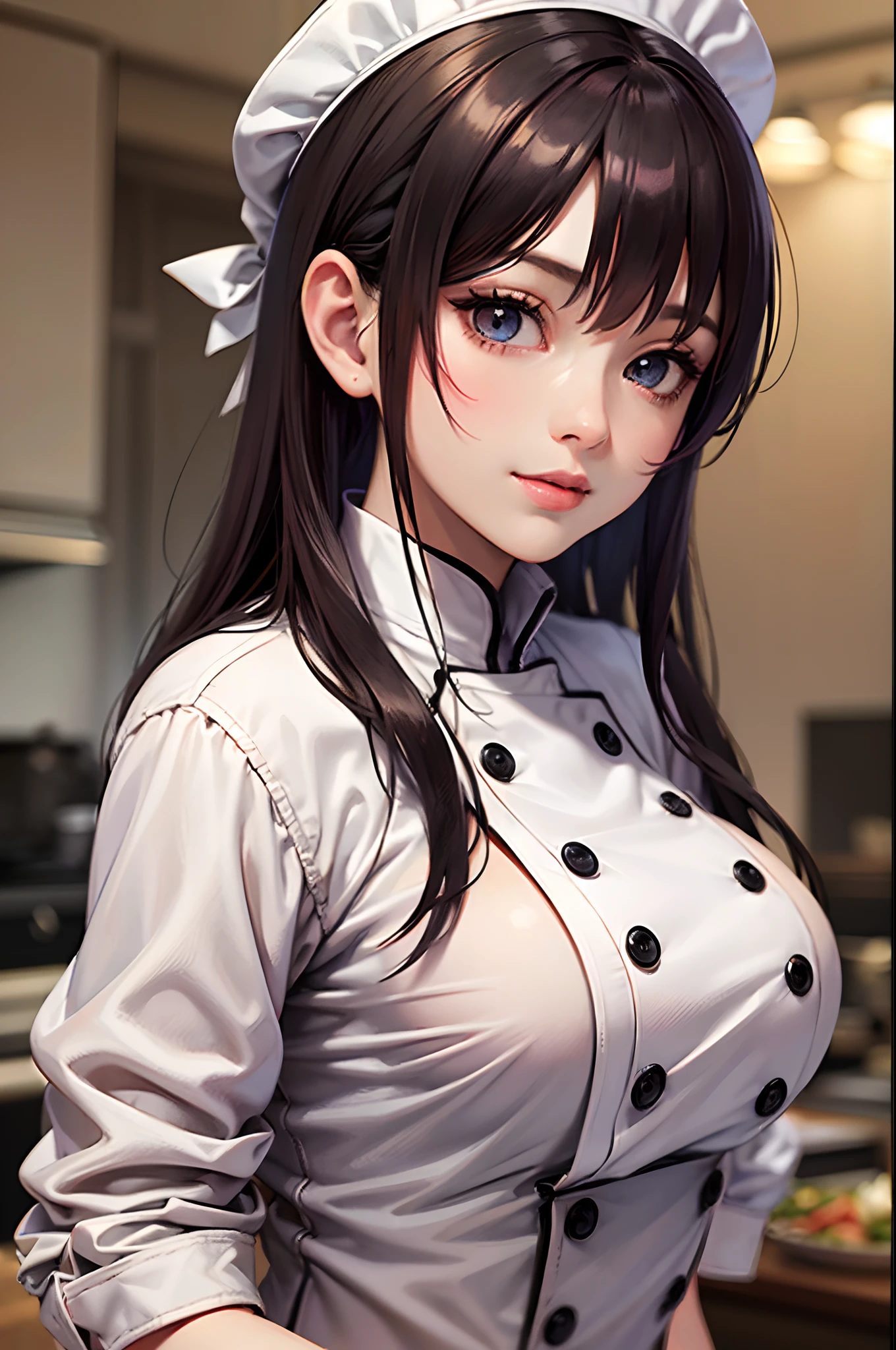 (Finest quality)),(超A high resolution),(ultra-detailliert),(Meticulous portrayal),((Best Anime)),(Finest works of art),sharpnes,Clair, (Female chef in cook coat:1.6,Kok Tai,hat),A slight smil,Large kitchen,Stove