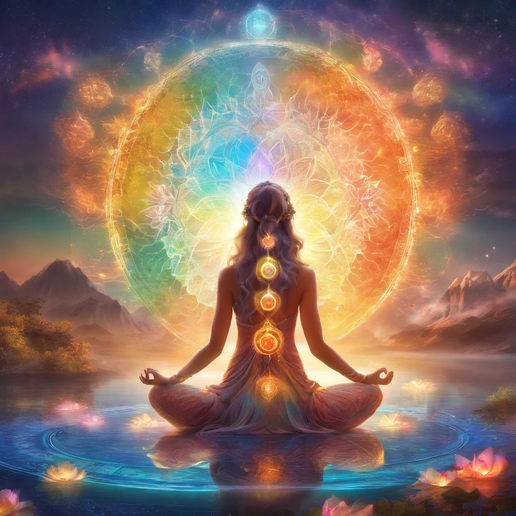 Colorful glow, Yoga position light spectrum with the seven chakras ...