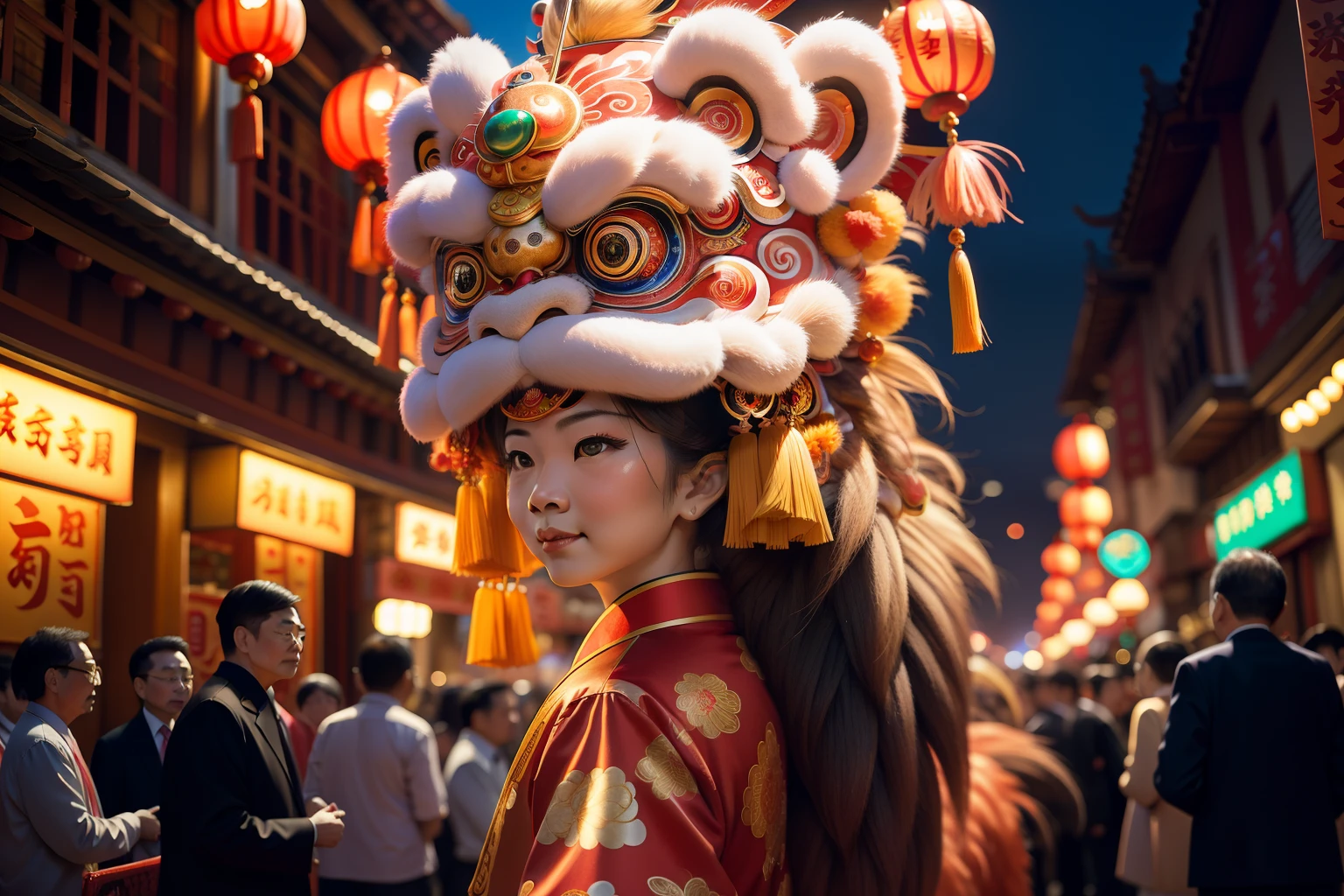 Lion dance in Chinatown,  Lively crowd in the background,。Backshot, Cinematic light, , surrealism，Sekizawa style，Depth of field 1.8，High- sharpness，Realistic details::2，