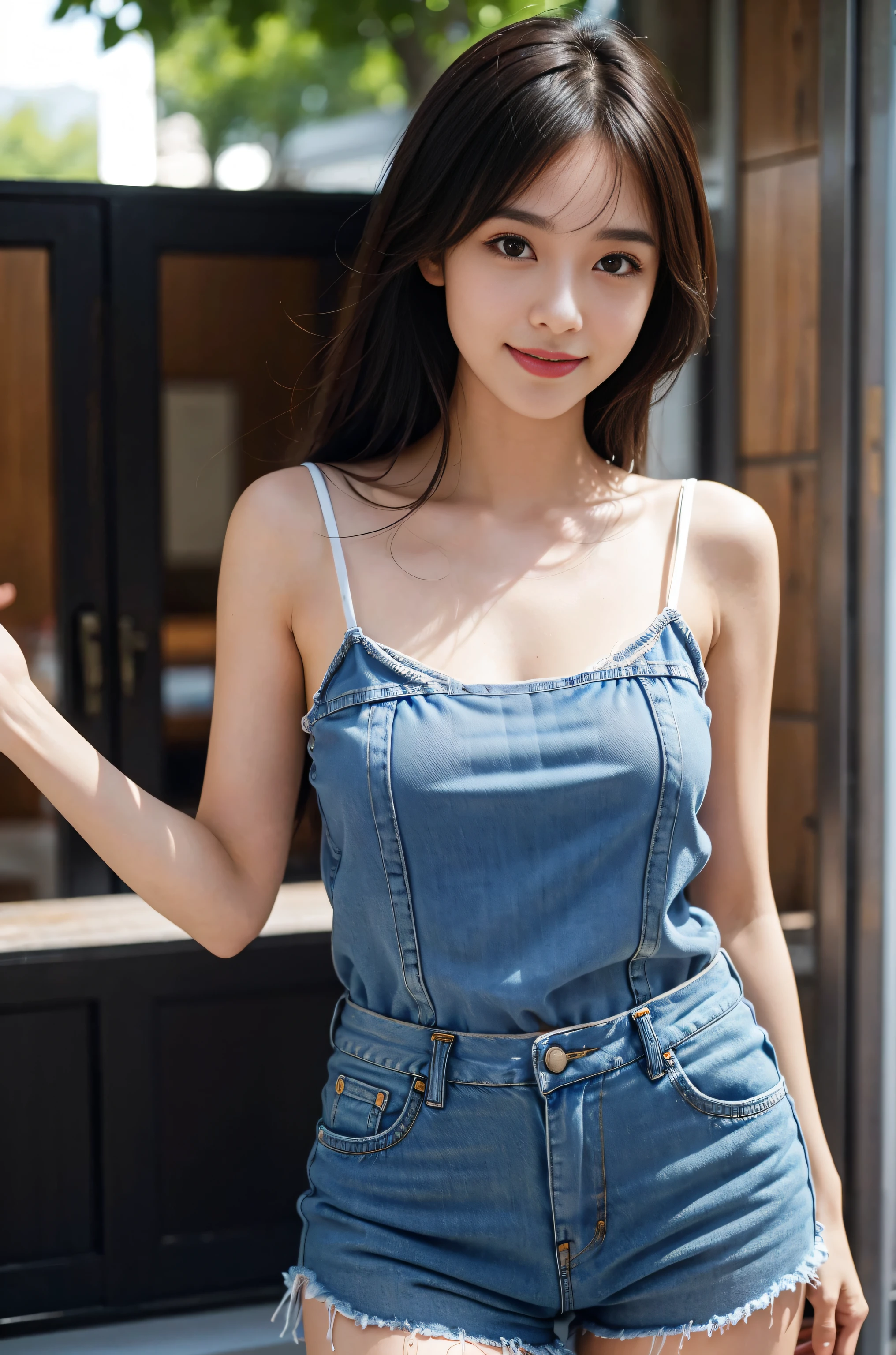 (Best quality, Complex details: 1.2,Realistic:1.2) ,A girl,[Liu Yifei:0.9],camisole,Denim shorts,ssmile，