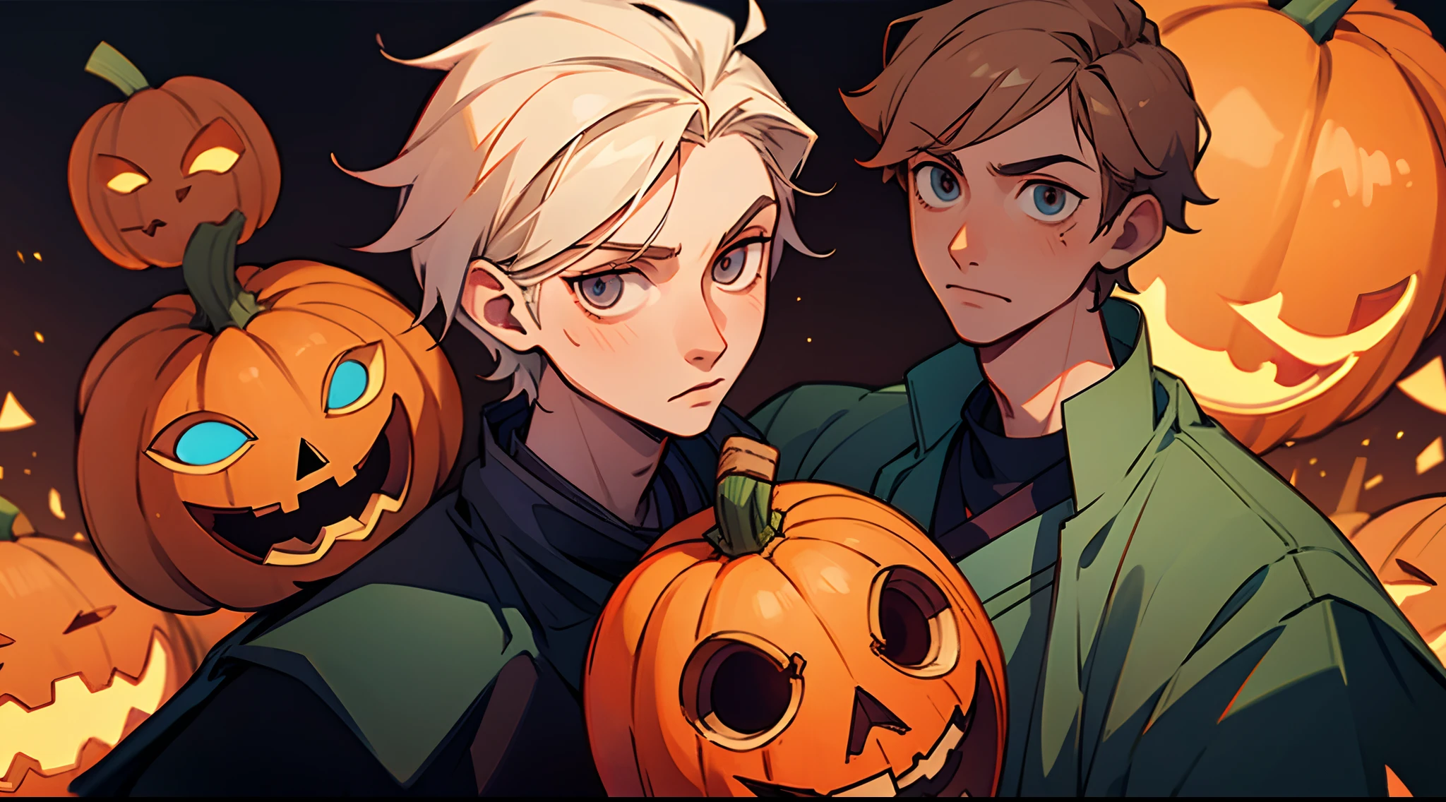 Two young men standing next to each other with pumpkins - SeaArt AI