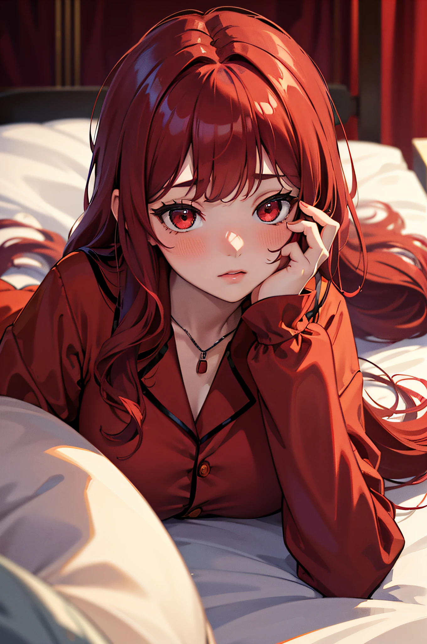 Masterpiece, Best Quality, highres, 1Girl, Solo, red hair, long wavy hair, red Eyes, Upper body only, fantasy bed background, Fantasy pajama Clothing, red clothes, lying on bed, pregnant, face blush